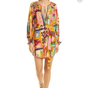 Farm Rio Tropical Collage Linen Blend Belted Dress NWT L